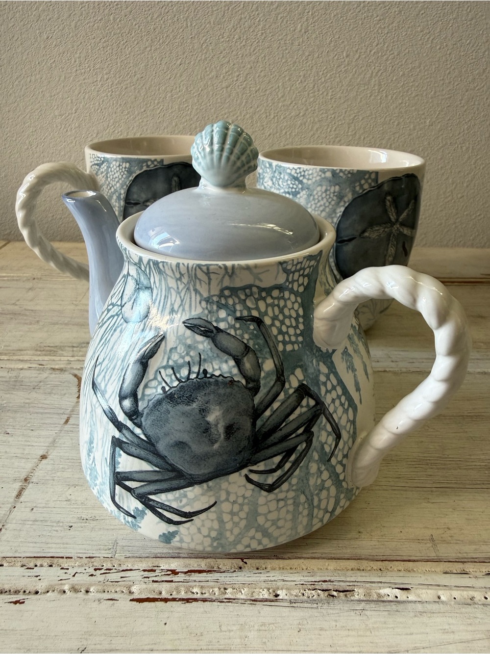 Coastal Ceramic Teapot Set with Crab Motif - Blue White